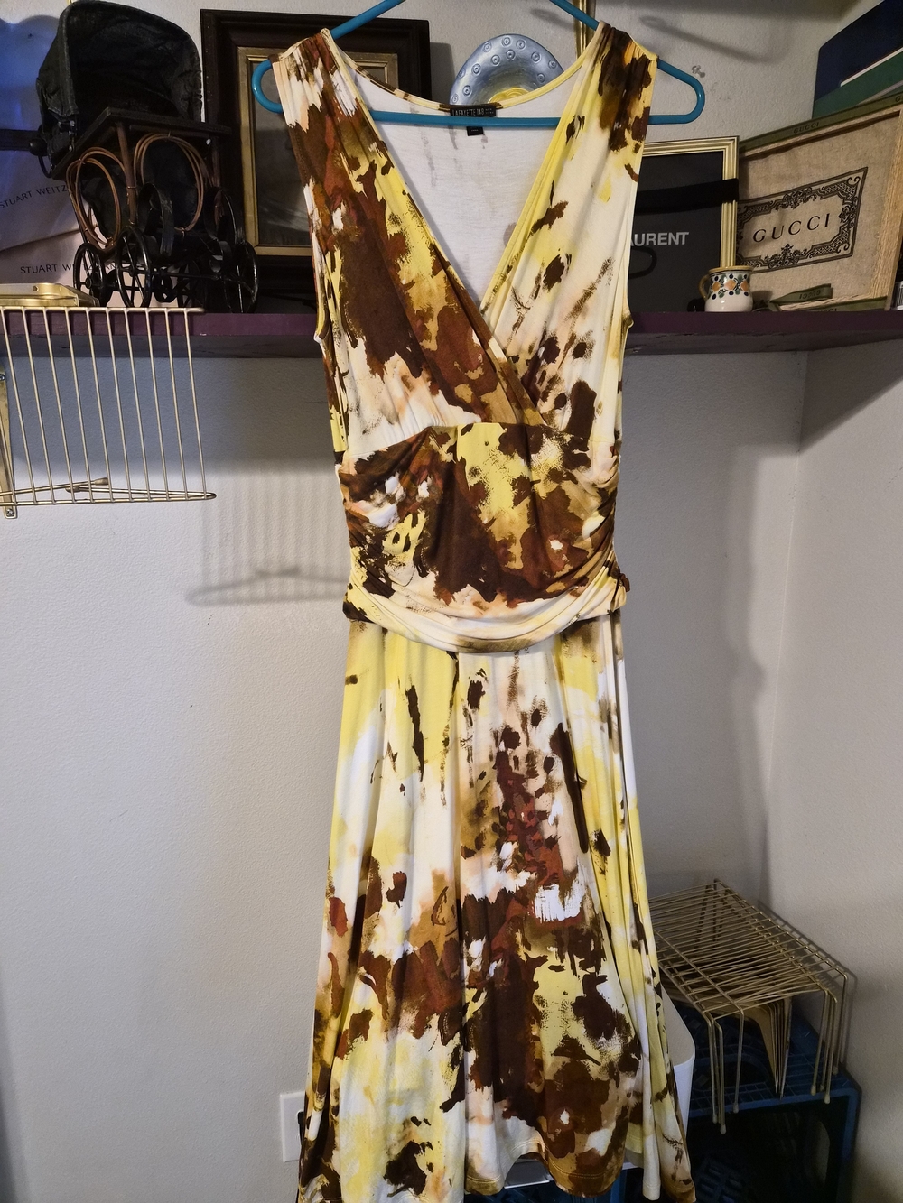 Lafayette 148 New York Yellow, Brown & White Abstract Wrap Midi Dress